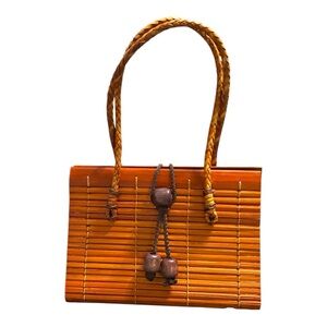 Tan Bamboo Slat Bag with Leather Braided Handles